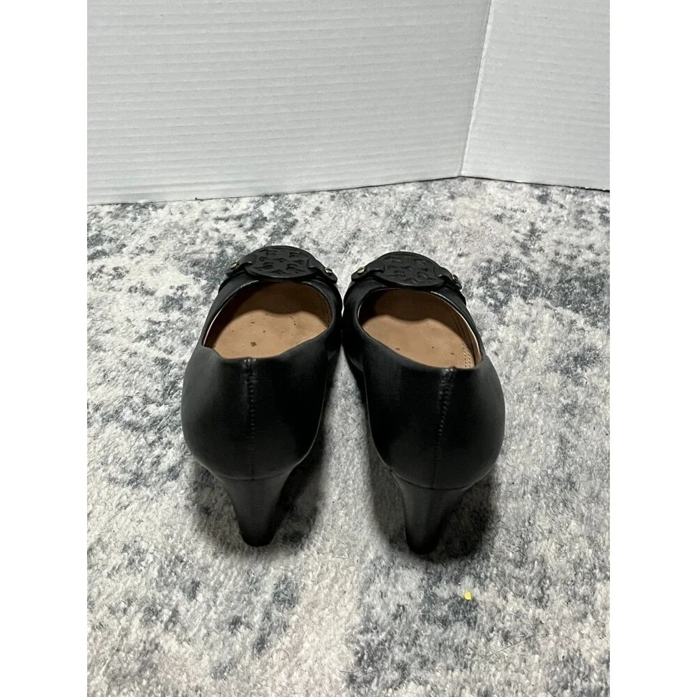 Tory Burch Mini Miller Black Wedge Leather Logo Pump 7.5M‎